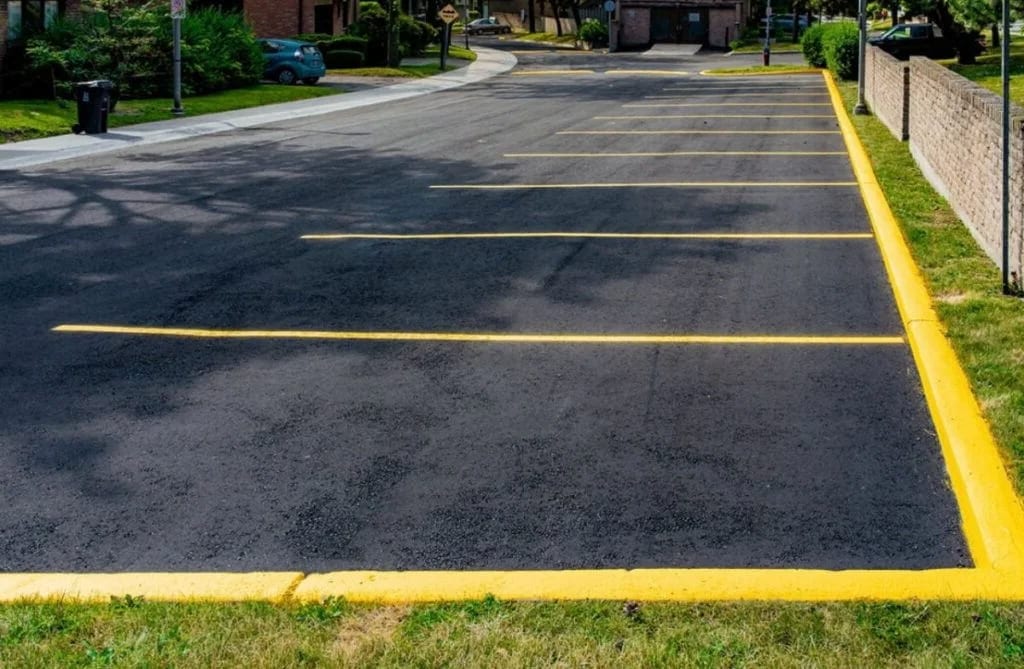 Freshly sealed commercial parking lot with bright yellow striping
